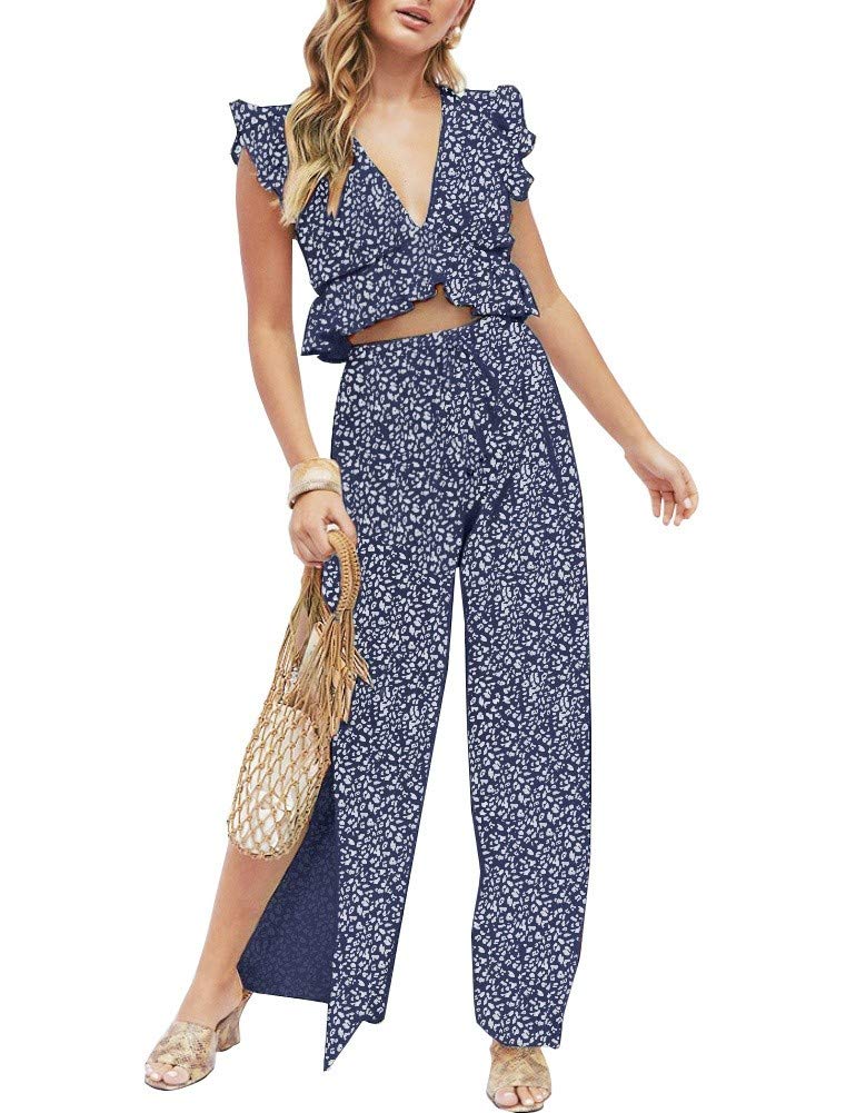 FANCYINN Womens Floral 2 Pieces Outfits Ruffle Deep V Neck Crop Top Side Slit Drawstring Wide Leg Pants Set Jumpsuits XL - Image 3